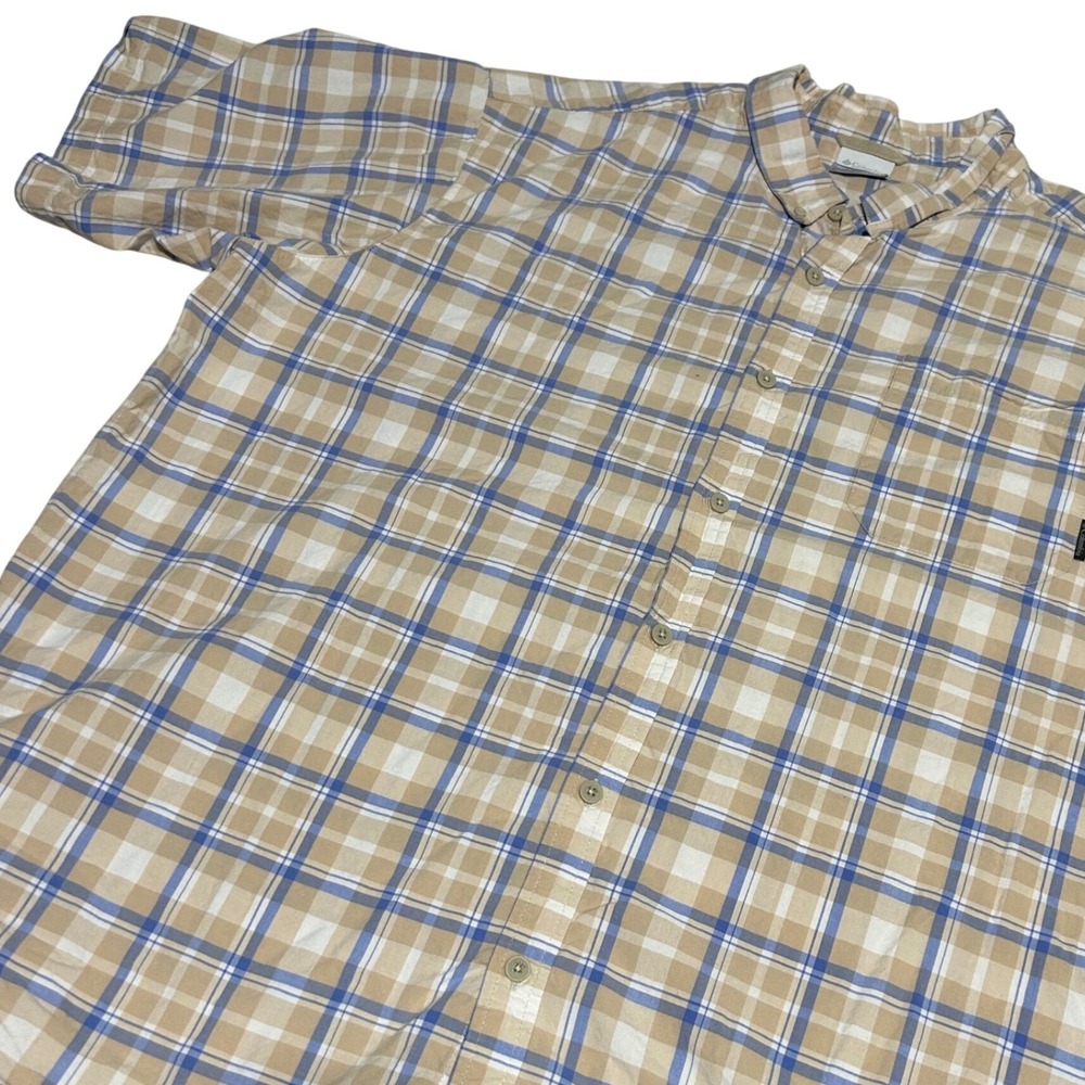 Columbia Button Down Shirt Mens 3XT Tan Blue Plaid Short Sleeve Outdoor Pockets